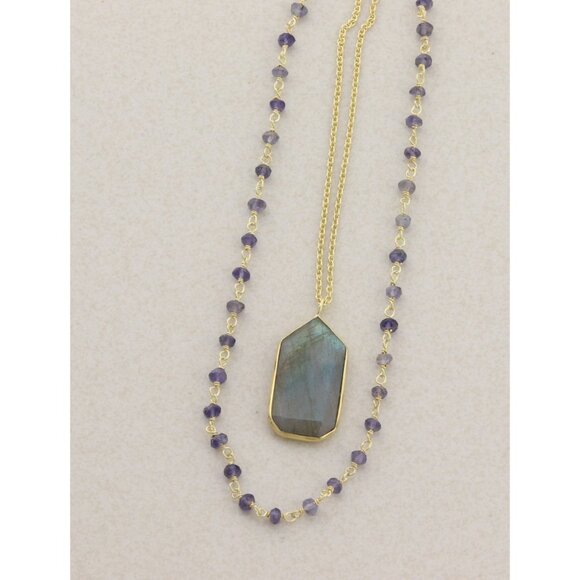 Gold Over Sterling Silver Long Labradorite Layered Necklace 30" - Picture 7 of 9